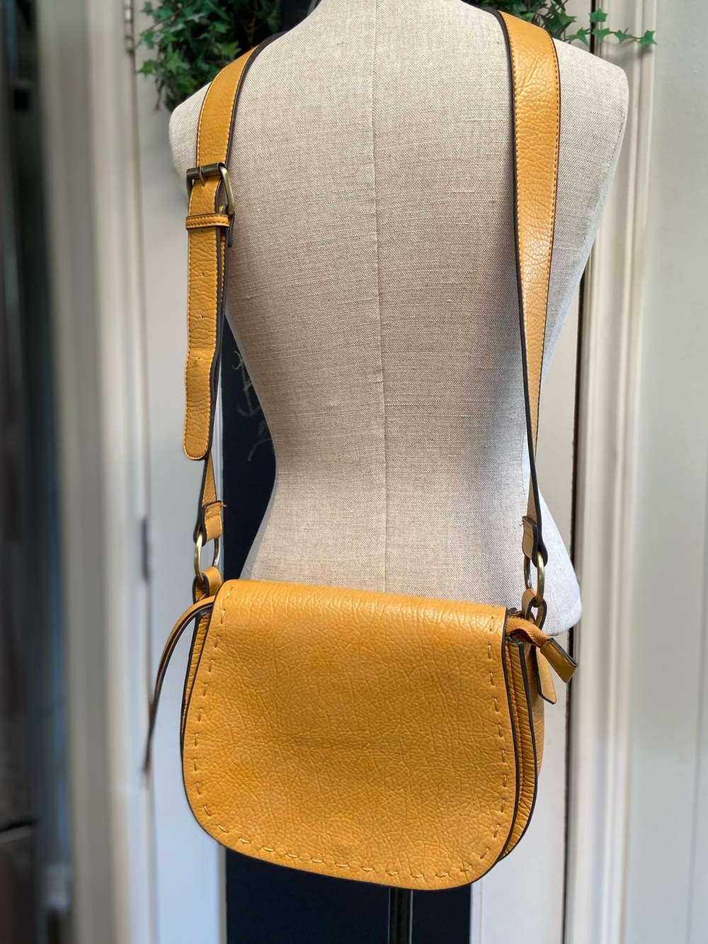 DLG Buttery Soft Mustard Faux Leather PU Gold Accents Crossbody Saddle Bag Vegan